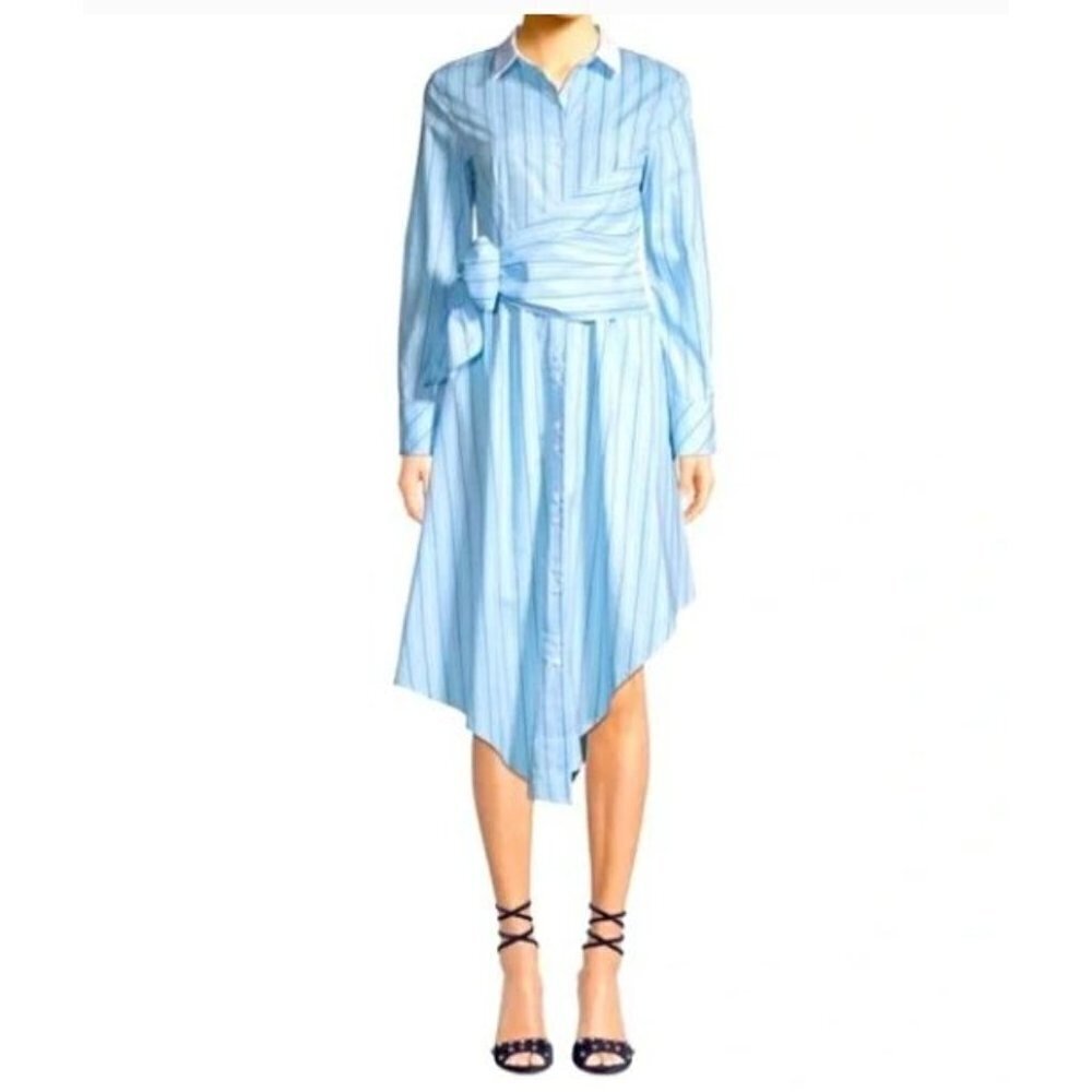 Lea & Viola Blue Stripe Shirt Dress Asymmetrical Long Sleeve Cotton Women XS NWT